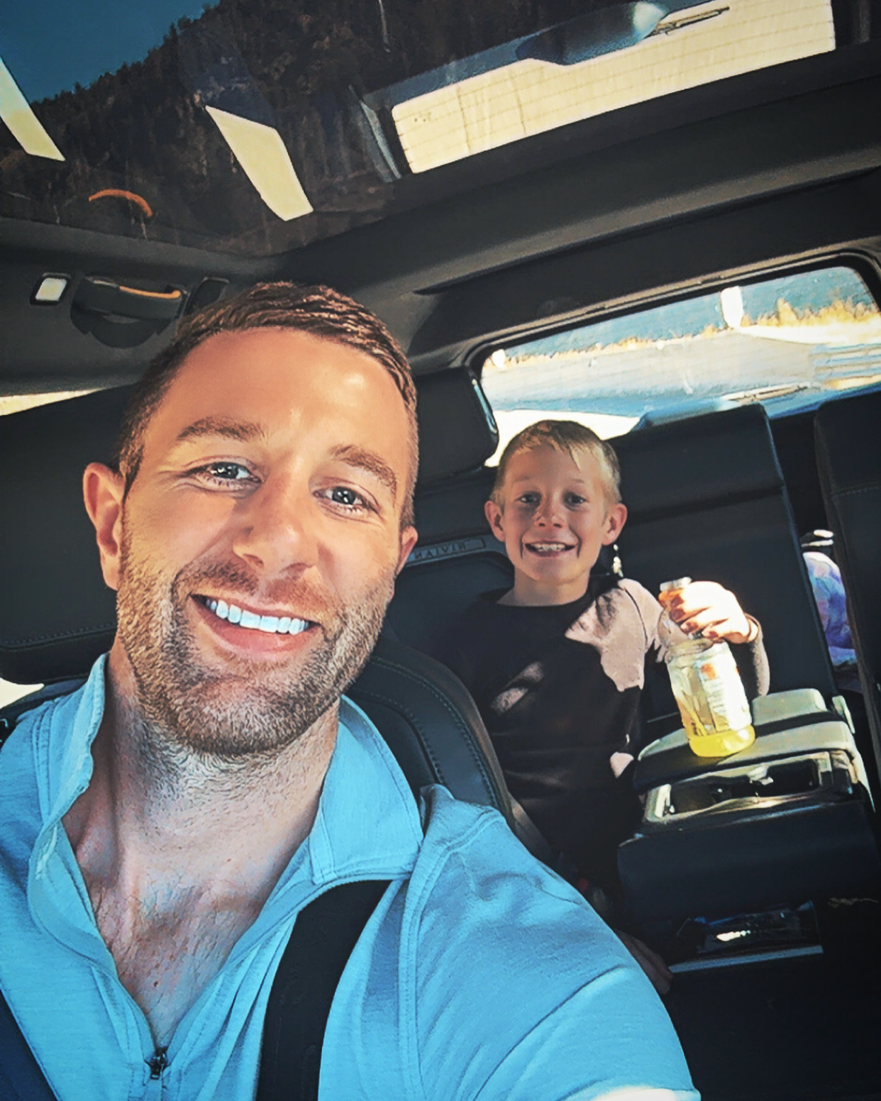 Preston Mitchell on a road trip with his son